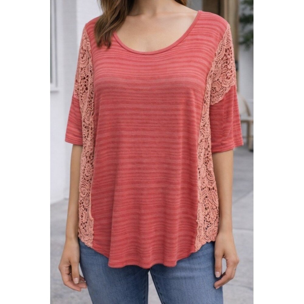 We The Free X Free People Coral Crochet Battenburg Lace Top Blouse Size Large